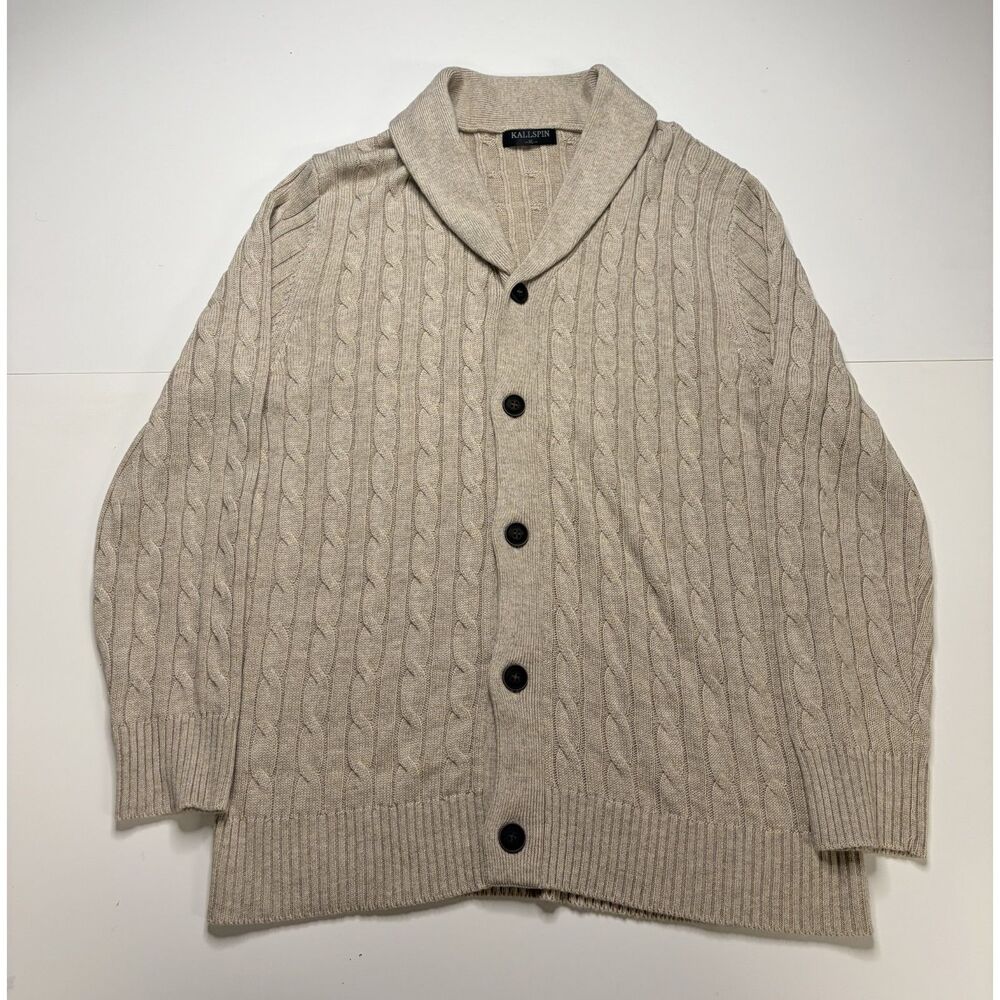 Kallspin Knit Gray Tan Button Up Grandpa Sweater Men's XL.